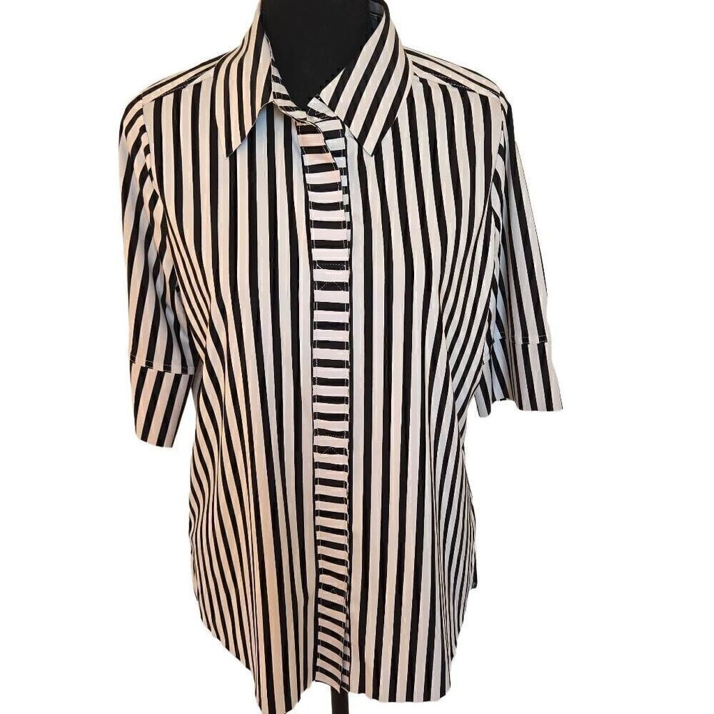 Belyn Key Black and White Vertical Stripe Button-Up Blouse